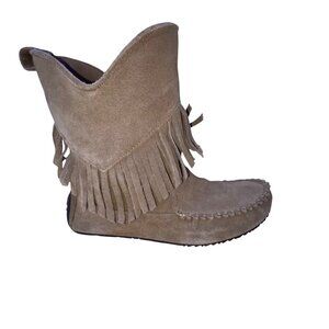 Manitobah Women’s Brown Suede Moccasin Fringe Mid-Calf Boots Size L10/M8